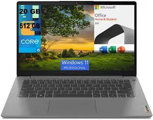 Lenovo IdeaPad 3 14 Laptop, 14" FHD Display, Intel Core i5-1135G7 4 cores Processors, Intel Iris Xe Graphics, 20GB DDR4  512GB PCIe SSD, WiFi 6, Windows 11 Pro,Microsoft Office License