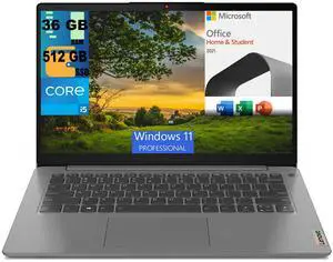 Lenovo IdeaPad 3 14 Laptop, 14" FHD Display, Intel Core i5-1135G7 4 cores Processors, Intel Iris Xe Graphics, 36GB DDR4  512GB PCIe SSD, WiFi 6, Windows 11 Pro,Microsoft Office License