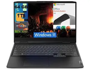 Lenovo IdeaPad 3 15 Gaming Laptop, 15.6" FHD Display, AMD Ryzen 5 6600H 6 Core processor, GeForce GTX 3050 4GB GDDR6, 64GB DDR5  1TB PCIe SSD, Wi-Fi 6 + BT5.1, Windows 11,Microsoft Office License
