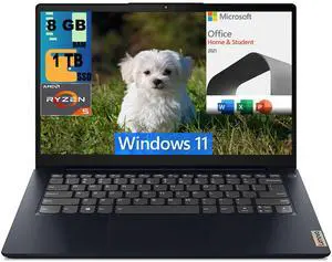 Lenovo IdeaPad 3 14 Laptop, 14.0" FHD Display, AMD Ryzen 5 5500U Hexa Core processor, AMD Radeon Graphics, 8GB DDR4  1TB PCIe SSD, WiFi 6, Bluetooth 5.0, Windows 11,Microsoft Office License