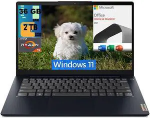 Lenovo IdeaPad 3 14 Laptop, 14.0" FHD Display, AMD Ryzen 5 5500U Hexa Core processor, AMD Radeon Graphics, 36GB DDR4  2TB PCIe SSD, WiFi 6, Bluetooth 5.0, Windows 11,Microsoft Office License