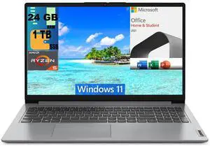 Lenovo IdeaPad 1 15 Laptop, 15.6" FHD (1920 x 1080) Display, AMD Ryzen 5 5500U 6-Core Processor, AMD Radeon Graphics, 24GB DDR4  1TB PCIe SSD, Wi-Fi 6, Bluetooth, Windows 11,Microsoft Office License