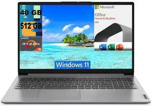 Lenovo IdeaPad 1 15 Laptop, 15.6" FHD (1920 x 1080) Display, AMD Ryzen 5 5500U 6-Core Processor, AMD Radeon Graphics, 40GB DDR4  512GB PCIe SSD, Wi-Fi 6, Bluetooth, Windows 11,Microsoft Office License