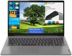 Lenovo Ideapad 1i 15 Laptop, 15.6" FHD Touchscreen, Intel Core i3-1215U 6-core processor, Intel UHD Graphics, 36GB DDR4  512GB PCIe SSD, Wi-Fi, Windows 11 Pro,Microsoft Office License