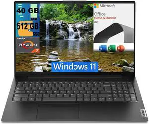 Lenovo V15 Laptop, 15.6" FHD Display, AMD Ryzen 7 7730U 8 Cores Processor, AMD Radeon Graphics, 40GB DDR4  512GB PCIe SSD, Numeric Keypad, Webcam, Wi-Fi, Windows 11,Microsoft Office License