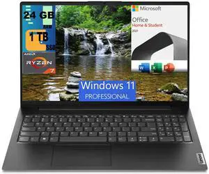 Lenovo V15 Laptop, 15.6" FHD Display, AMD Ryzen 7 7730U 8 Cores Processor, AMD Radeon Graphics, 24GB DDR4  1TB PCIe SSD, Numeric Keypad, Webcam, Wi-Fi, Windows 11 Pro,Microsoft Office License