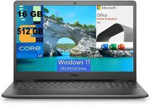 Dell Inspiron 3501 15 Laptop, 15.6" FHD Display, Intel Core i7-1165G7 4 Core Processor, Intel Iris Xe Graphics, 16GB DDR4  512GB PCIe SSD, Bluetooth 5.0, WiFi, Windows 11 Pro,Microsoft Office License