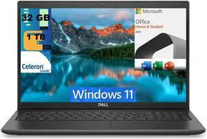 Dell Inspiron 15 Laptop, 15.6" HD Display, Intel Celeron N4020 Dual-Core Processor, Intel UHD Graphics, 32GB DDR4  1TB PCIe SSD, Wi-Fi and Bluetooth, Windows 11,Microsoft Office License