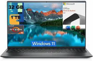 Dell Inspiron 15 3525 Laptop, 15.6" FHD Display, AMD Ryzen 5 5500U 6 core Processor, AMD Radeon Graphics, 32GB DDR4  1TB PCIe SSD, WiFi, Webcam, Windows 11,Microsoft Office License