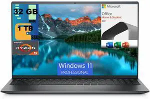 Dell Inspiron 15 3525 Laptop, 15.6" FHD Display, AMD Ryzen 5 5500U 6 core Processor, AMD Radeon Graphics, 32GB DDR4  1TB PCIe SSD, WiFi, Webcam, Windows 11 Pro,Microsoft Office License