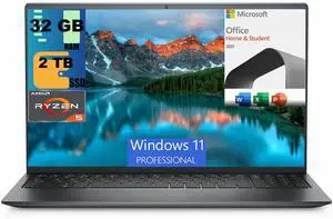 Dell Inspiron 15 3525 Laptop, 15.6" FHD Display, AMD Ryzen 5 5500U 6 core Processor, AMD Radeon Graphics, 32GB DDR4  2TB PCIe SSD, WiFi, Webcam, Windows 11 Pro,Microsoft Office License