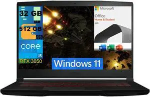 MSI GF63 Thin 15 Gaming Laptop, 15.6" FHD 144Hz, Intel Core i5-11400H 6 Cores Processors, GeForce RTX 3050 4 GB GDDR6, 32GB DDR4  512GB PCIe SSD, Wi-Fi 6, Windows 11,Microsoft Office License