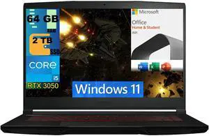 MSI GF63 Thin 15 Gaming Laptop, 15.6" FHD 144Hz, Intel Core i5-11400H 6 Cores Processors, GeForce RTX 3050 4 GB GDDR6, 64GB DDR4  2TB PCIe SSD, Wi-Fi 6, Windows 11,Microsoft Office License