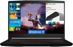 MSI Thin GF63 15 Gaming Laptop, 15.6" FHD 144Hz Display, Intel Core i5-12450H 10 cores Processor, GeForce RTX 2050 4 GB, 16GB DDR4  512GB PCIe SSD, Cooler Boost 5, Windows 11,Microsoft Office License