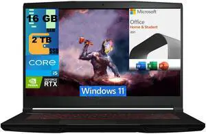 MSI Thin GF63 15 Gaming Laptop, 15.6" FHD 144Hz Display, Intel Core i5-12450H 10 cores Processor, GeForce RTX 2050 4 GB, 16GB DDR4  2TB PCIe SSD, Cooler Boost 5, Windows 11,Microsoft Office License