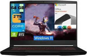 MSI Thin GF63 15 Gaming Laptop, 15.6" FHD 144Hz Display, Intel Core i5-12450H 10 cores Processor, GeForce RTX 2050 4 GB, 64GB DDR4  2TB PCIe SSD, Cooler Boost 5, Windows 11,Microsoft Office License