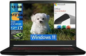 MSI Thin GF63 15 Gaming Laptop, 15.6" FHD 144Hz, Intel Core i7-12650H 10-Cores Processor, RTX 4050 6GB GDDR6 Graphics, 16GB DDR4  512GB PCIe SSD, Cooler Boost 5, Windows 11,Microsoft Office License