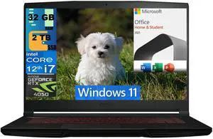 MSI Thin GF63 15 Gaming Laptop, 15.6" FHD 144Hz, Intel Core i7-12650H 10-Cores Processor, RTX 4050 6GB GDDR6 Graphics, 32GB DDR4  2TB PCIe SSD, Cooler Boost 5, Windows 11,Microsoft Office License