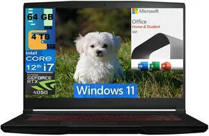 MSI Thin GF63 15 Gaming Laptop, 15.6" FHD 144Hz, Intel Core i7-12650H 10-Cores Processor, RTX 4050 6GB GDDR6 Graphics, 64GB DDR4  4TB PCIe SSD, Cooler Boost 5, Windows 11,Microsoft Office License