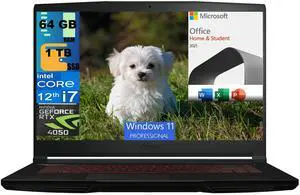 MSI Thin GF63 15 Gaming Laptop, 15.6" FHD 144Hz, Intel Core i7-12650H 10-Cores Processor, RTX 4050 6GB GDDR6 Graphics, 64GB DDR4  1TB PCIe SSD, Cooler Boost 5, Windows 11 Pro,Microsoft Office License