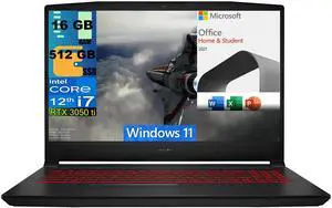 MSI Katana GF66 15 Gaming Laptop, 15.6" 144Hz Display, Intel Core i7-12650H 10 cores Processor, RTX 3050 Ti 4 GB, 16GB DDR4  512GB PCIe SSD, Cooler Boost 5, Windows 11,Microsoft Office License