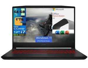 MSI Katana GF66 15 Gaming Laptop, 15.6" 144Hz Display, Intel Core i7-12650H 10 cores Processor, RTX 3050 Ti 4 GB, 64GB DDR4  1TB PCIe SSD, Cooler Boost 5, Windows 11 Pro,Microsoft Office License