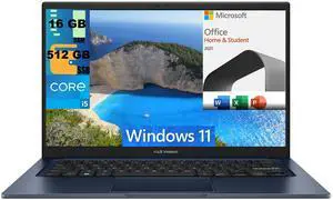ASUS Vivobook 14 Laptop, 14" FHD (1920 x 1080) Display, Intel Core i5-1235U 6 Cores Processor, Iris Xe Graphics, 16GB DDR4  512GB PCIe SSD, Webcam, Windows 11,Microsoft Office License
