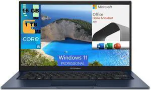 ASUS Vivobook 14 Laptop, 14" FHD (1920 x 1080) Display, Intel Core i5-1235U 6 Cores Processor, Iris Xe Graphics, 16GB DDR4  1TB PCIe SSD, Webcam, Windows 11 Pro,Microsoft Office License
