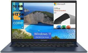 ASUS Vivobook 14 Laptop, 14" FHD (1920 x 1080) Display, Intel Core i5-1235U 6 Cores Processor, Iris Xe Graphics, 32GB DDR4  512GB PCIe SSD, Webcam, Windows 11 Pro,Microsoft Office License