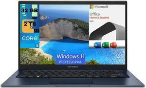ASUS Vivobook 14 Laptop, 14" FHD (1920 x 1080) Display, Intel Core i5-1235U 6 Cores Processor, Iris Xe Graphics, 32GB DDR4  2TB PCIe SSD, Webcam, Windows 11 Pro,Microsoft Office License