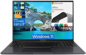 ASUS Vivobook 16 Laptop, 16" WUXGA (1920 X 1200) Display, Intel Core i7-1255U 10 Cores Processor, Intel Iris Xe Graphics, 40GB DDR4  512GB PCIe SSD, Webcam, Wi-Fi, Windows 11,Microsoft Office License