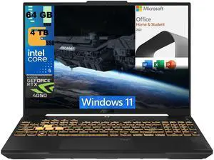 ASUS TUF F16 Gaming Laptop, 16" FHD+ 144Hz, Intel Core 5 210H 8 Cores processor, RTX 4050 Graphics (6GB GDDR6), 64GB DDR5  4TB PCIe SSD, RGB Backlit KB, Windows 11,Microsoft Office License