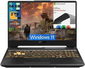 ASUS TUF Gaming A15 Gaming Laptop, 15.6" FHD 144Hz Display, AMD Ryzen 5 7535HS 6 Cores processor, RTX 3050 4GB, 64GB DDR5  2TB PCIe SSD, Backlit KB, Windows 11,Microsoft Office License