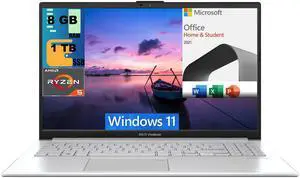 ASUS Vivobook 15 Laptop, 15.6" FHD Display, AMD Ryzen 5 7520U 4 cores Processor, AMD Radeon Graphics, 8GB DDR4  1TB PCIe SSD, WI-FI 5, Windows 11 Home,Microsoft Office License