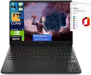 HP OMEN 16 Gaming Laptop, 16" WQXGA Display, Intel Ultra 9 285H 16 cores Processor, NVIDIA GeForce RTX 5070 8 GB GDDR7, 64GB DDR5  2TB PCIe SSD, RGB Backlit, Windows 11 Pro ,Office 2024 License