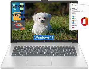 HP 17 Laptop, 17.3" FHD (1920 x 1080) Display, AMD Ryzen 5 7430U 6 cores Processor, AMD Radeon Graphics, 32GB DDR4  512GB PCIe SSD, HD Webcam, Wi-Fi 6, Windows 11 ,Office 2024 License