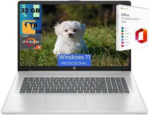 HP 17 Laptop, 17.3" FHD (1920 x 1080) Display, AMD Ryzen 5 7430U 6 cores Processor, AMD Radeon Graphics, 32GB DDR4  1TB PCIe SSD, HD Webcam, Wi-Fi 6, Windows 11 Pro ,Office 2024 License