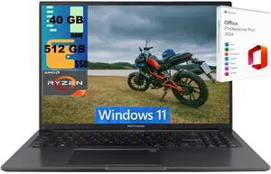 ASUS VivoBook 16 Laptop, 16" WUXGA (1920 x 1200) Display, AMD Ryzen 7 7730U 8 Cores Processor, AMD Radeon Graphics, 40GB DDR4  512GB PCIe SSD, Wi-Fi 6E, Windows 11 ,Office 2024 License