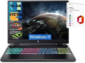 Acer Nitro 16 Gaming Laptop, 16" WUXGA 165Hz, AMD Ryzen 7 7840HS Octa-Core Processor, NVIDIA GeForce RTX 4050 6 GB, 16GB DDR5  512GB PCIe SSD, RGB Backlit KB, Windows 11 ,Office 2024 License