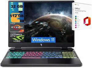 Acer Nitro 16 Gaming Laptop, 16" WUXGA 165Hz, AMD Ryzen 7 7840HS Octa-Core Processor, NVIDIA GeForce RTX 4050 6 GB, 32GB DDR5  512GB PCIe SSD, RGB Backlit KB, Windows 11 ,Office 2024 License