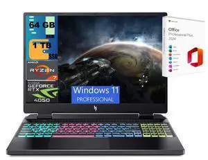 Acer Nitro 16 Gaming Laptop, 16" WUXGA 165Hz, AMD Ryzen 7 7840HS Octa-Core Processor, NVIDIA GeForce RTX 4050 6 GB, 64GB DDR5  1TB PCIe SSD, RGB Backlit KB, Windows 11 Pro ,Office 2024 License