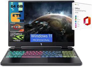 Acer Nitro 16 Gaming Laptop, 16" WUXGA 165Hz, AMD Ryzen 7 7840HS Octa-Core Processor, NVIDIA GeForce RTX 4050 6 GB, 64GB DDR5  4TB PCIe SSD, RGB Backlit KB, Windows 11 Pro ,Office 2024 License
