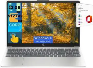 HP 15 Business Laptop, 15.6" HD (1366 x 768) Touchscreen, Intel Core i3-1215U 6 Cores Processor, Intel UHD Graphics, 32GB DDR4  512GB PCIe SSD, Bluetooth, Wi-Fi, Windows 11 Pro