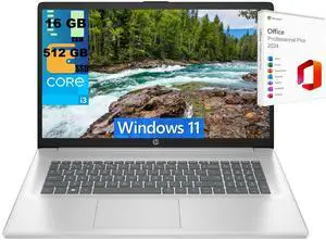 HP 17 Laptop, 17.3" FHD (1920 x 1080) Display, Intel Core i3-1215U 6 Cores Processor, Intel UHD Graphics, 16GB DDR4  512GB PCIe SSD, Webcam, Wi-Fi, HDMI, Windows 11 ,Office 2024 License