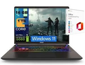 MSI Vector 16 Gaming Laptop, 16" 240Hz QHD+, Intel Core Ultra 9 275HX 24 Cores Processor, NVIDIA GeForce RTX 5080 16GB GDDR7, 16GB DDR5  1TB PCIe SSD, RGB Backlit, Windows 11 ,Office 2024 License