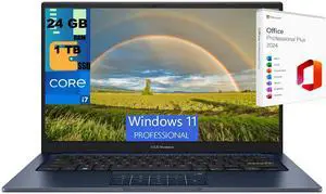 ASUS Vivobook 14 Laptop, 14" FHD Display, Intel Core i7-1355U 10 cores Processor, Intel Iris Xe Graphics, 24GB DDR4  1TB PCIe SSD, Wi-Fi 5 (1x1) and Bluetooth 5, Windows 11 Pro ,Office 2024 License