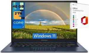 ASUS Vivobook 14 Laptop, 14" FHD Display, Intel Core i7-1355U 10 cores Processor, Intel Iris Xe Graphics, 40GB DDR4  2TB PCIe SSD, Wi-Fi 5 (1x1) and Bluetooth 5, Windows 11 ,Office 2024 License