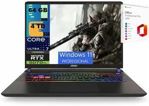 MSI Vector 16 Gaming Laptop, 16" QHD+ 240Hz, Intel 20-core Ultra 7 255HX Processor, NVIDIA GeForce RTX 5070 Ti 12GB Graphic, 64GB DDR5 4TB PCIe SSD, RGB Backlit, Windows 11 Pro ,Office 2024 License MSI Vector 16 Gaming Laptop, 16" QHD+ 240Hz, Intel 20-core Ultra 7 255HX Processor, NVIDIA GeForce RTX 5070 Ti 12GB Graphic, 64GB DDR5 4TB PCIe SSD, RGB Backlit, Windows 11 Pro ,Office 2024 License