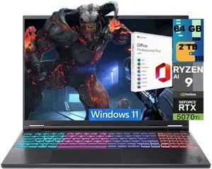 Acer Nitro 16S Gaming Laptop, 16" WQXGA 180Hz Display, AMD Ryzen AI 9 365 10-Cores Processor, NVIDIA GeForce RTX 5070 Ti 12 GB GDDR7, 64GB DDR5 2TB PCIe SSD, Windows 11, Office 2021 License Acer Nitro 16S Gaming Laptop, 16" WQXGA 180Hz Display, AMD Ryzen AI 9 365 10-Cores Processor, NVIDIA GeForce RTX 5070 Ti 12 GB GDDR7, 64GB DDR5 2TB PCIe SSD, Windows 11, Office 2021 License