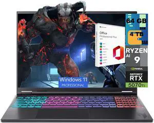 Acer Nitro 16S Gaming Laptop, 16" WQXGA 180Hz Display, AMD Ryzen AI 9 365 10-Cores Processor, NVIDIA GeForce RTX 5070 Ti 12 GB GDDR7, 64GB DDR5 4TB PCIe SSD, Windows 11 Pro, Office 2021 License Acer Nitro 16S Gaming Laptop, 16" WQXGA 180Hz Display, AMD Ryzen AI 9 365 10-Cores Processor, NVIDIA GeForce RTX 5070 Ti 12 GB GDDR7, 64GB DDR5 4TB PCIe SSD, Windows 11 Pro, Office 2021 License